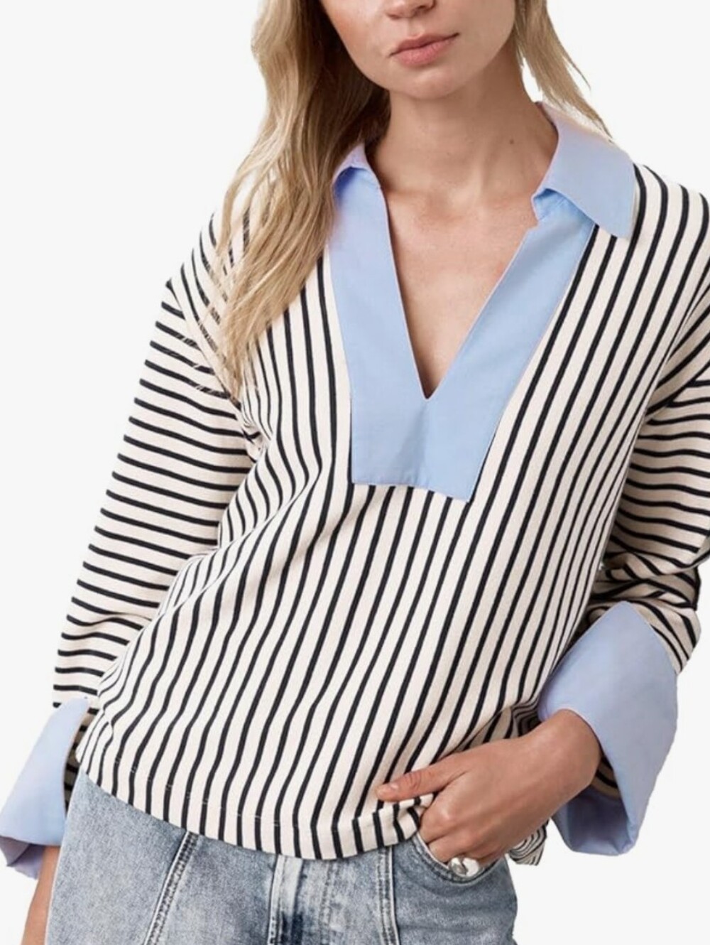 ABEL THE LABEL Striped Button-Down Shirt with Light Blue Collar and Cuffs NWT